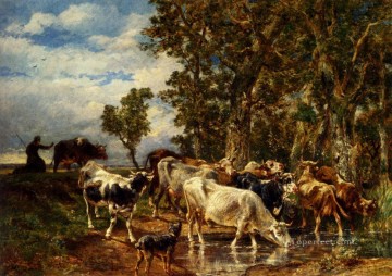 シャルル・エミール・ジャック Painting - Troupeau De Vaches AL Abreuvoir 動物作家 Charles Emile Jacque